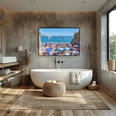 Positano Hidden Beach, Italy. Framed acrylic photo or unframed photograph for sale along with free shipping in the US