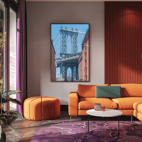 The Empire State Building, Manhattan Bridge in Brooklyn. Framed acrylic photo, unframed photo for sale & free shipping 