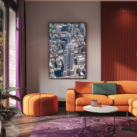 The Empire State Building in New York City by Helicopter. Framed photo, unframed photo for sale and free shipping in US.