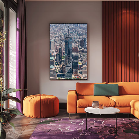 One World Trade by Helicopter, New York. Framed acrylic photo, unframed photo for sale, free shipping in US.