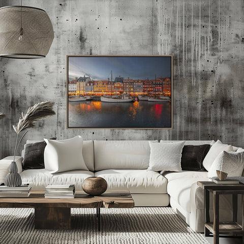 Time Slice photography of Nyhavn Copenhagen showing colorful townhouses transitioning from day to night by Richard Silver Photo.ark. 