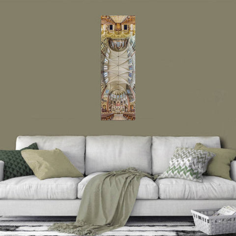 Vertical panorama of the Basilica of the Blessed Sacrament in Buenos Aires, Argentina, showing the ornate gold altar and vaulted ceiling.