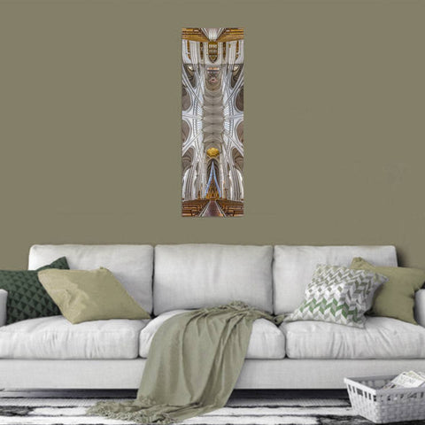 Vertical panorama of the Cathedral of La Plata in Argentina, showing the red brick arches and the immense height of the central nave.