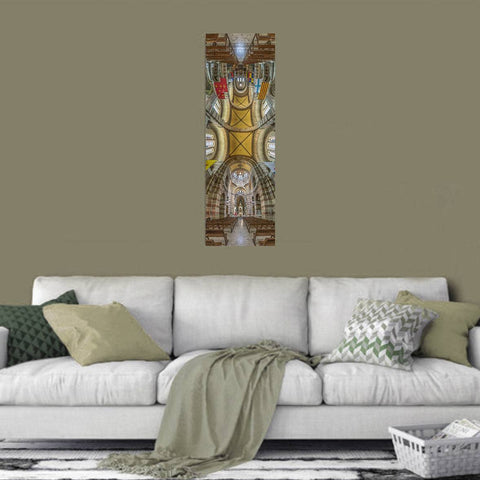 Vertical panorama of the Marseille Cathedral (Cathédrale de la Major) in France, featuring iconic green and white striped marble arches.