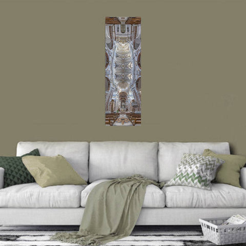 Vertical panorama of the Cathedral Maria Santissima della Madia in Monopoli, Italy, showing the Baroque marble pillars and frescoed ceiling.