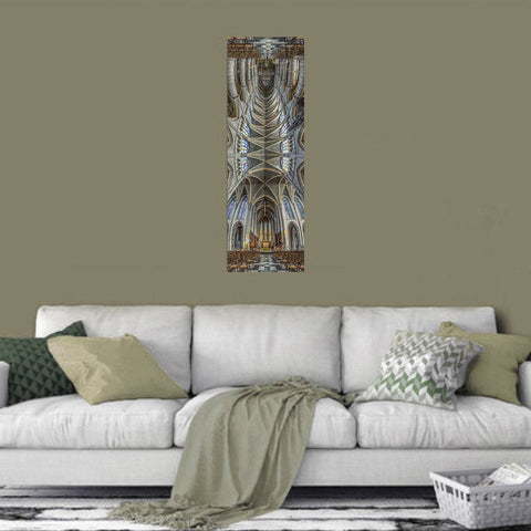 Vertical panorama of the Eglise du Sart-Tilman in Liege, Belgium, showing the modern concrete architecture and geometric ceiling.