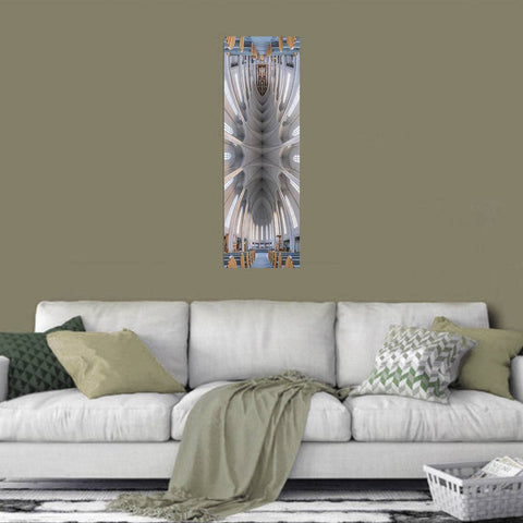 Vertical panoramic photograph of the interior of Hallgrímskirkja in Reykjavik, showing the minimalist white architecture and massive pipe organ.