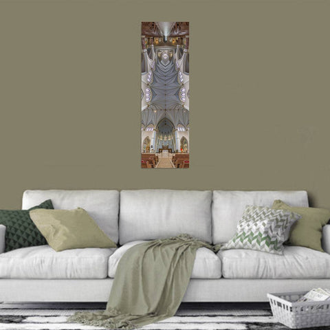 Vertical panorama of the Holy Rosary Cathedral in Vancouver, Canada, showing the Gothic arches and colorful stained glass windows.