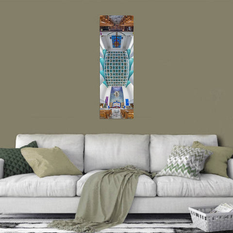 Vertical panorama of the Misioneros Oblatos de Maria Inmaculada in Mexico City, showing the modern geometric design and natural light.