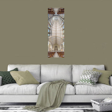 Vertical panorama of the Our Lady of Mount Carmel Shrine in Manila, Philippines, showing the massive arches and altar.