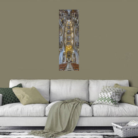 Vertical panorama of the Basilica of Santa Maria delle Vigne in Genoa, Italy, showing the frescoed ceiling and marble columns.