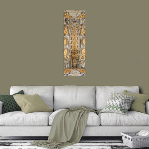 Vertical panorama of Salisbury Cathedral in England, showing the Purbeck marble columns and the high Gothic vaulted ceiling.