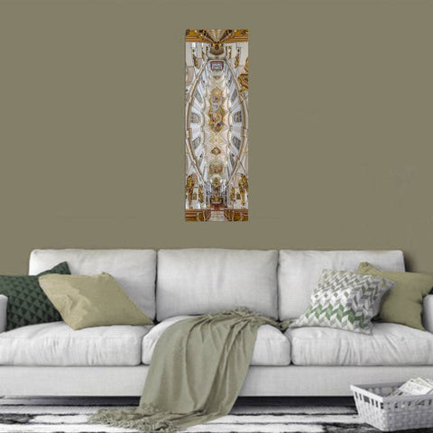 Vertical panorama of St. Peter's Church (Alter Peter) in Munich, Germany, showing the white Baroque interior and gold altar.