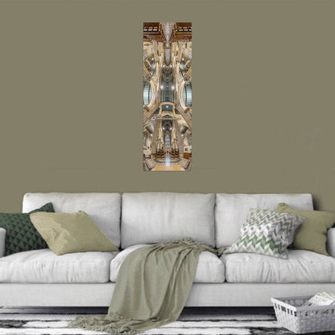 Vertical panorama of St. Andrews Cathedral in Sydney, Australia, showing the dark wood ceiling and stone arches.