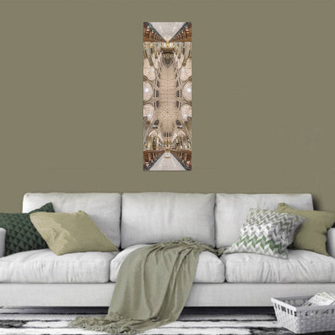 A vertical panorama of St. Patrick’s Cathedral in New York City, showing the center aisle and the intricate vaulted ceiling.