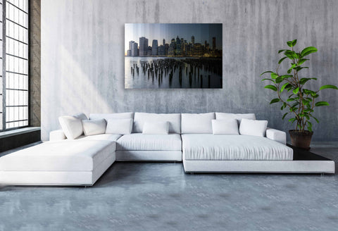 A Time Slice photograph of the Downtown Manhattan skyline and One World Trade Center, showing the day-to-night transition across 36 vertical slices.