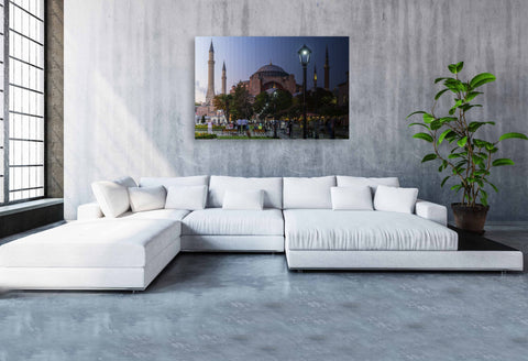 A Time Slice photograph of the Hagia Sophia in Istanbul, Turkey, showing the domes and minarets transitioning from day to night.