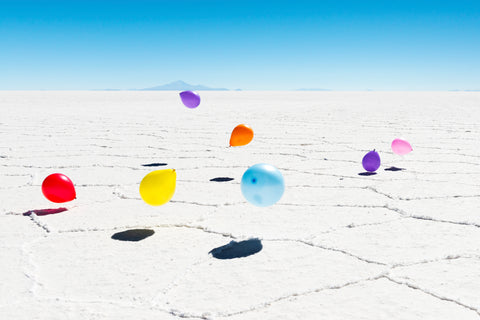 Uyuni Balloons on Salt Flats of Bolivia.  Framed acrylic photo and unframed photo for sale with free shipping in the USA.