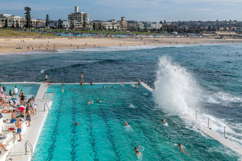 Waves Splashing on Iceberg Club, Bondi Beach. Framed acrylic photo, unframed photograph for sale with free shipping  in USA.
