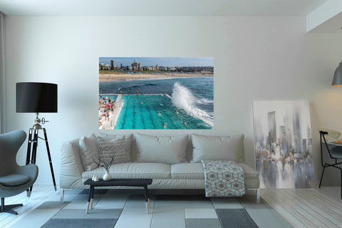 Waves Splashing on Iceberg Club, Bondi Beach. Framed acrylic photo, unframed photograph for sale with free shipping  in US